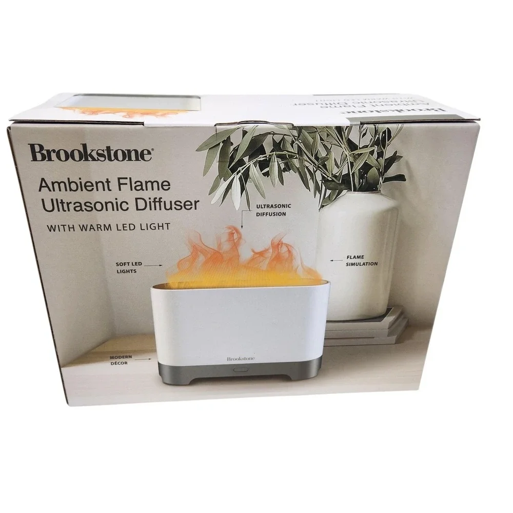 Brookstone Ambient Flame Ultrasonic Diffuser Oil Warm LED Light USB White Small